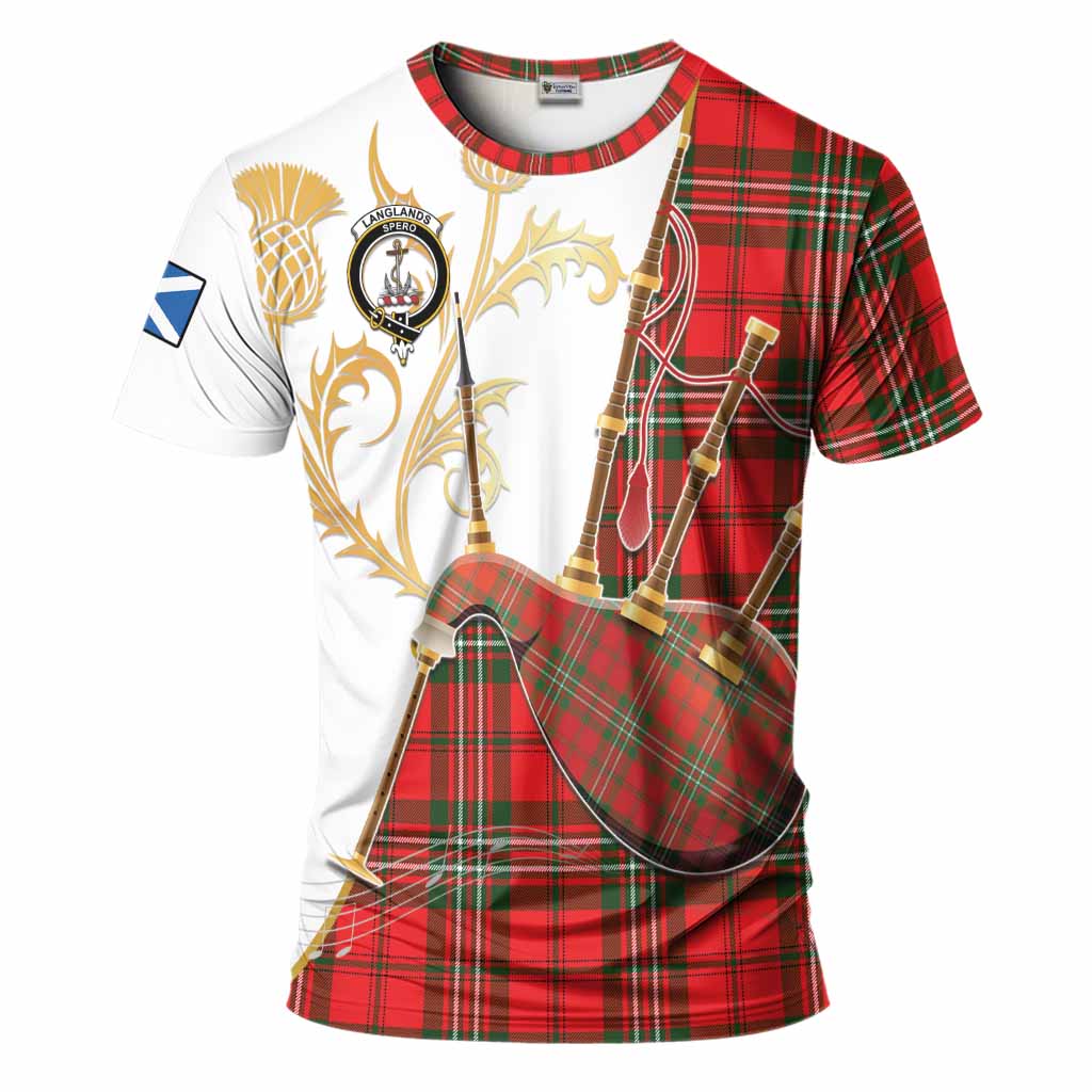 Langlands Tartan Family Crest T-Shirt Bagpipes with Scottish Thistle
