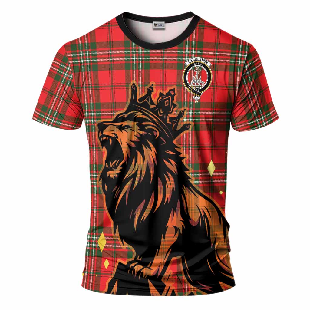 Langlands Tartan Family Crest T-Shirt Crowned Lion Roaring