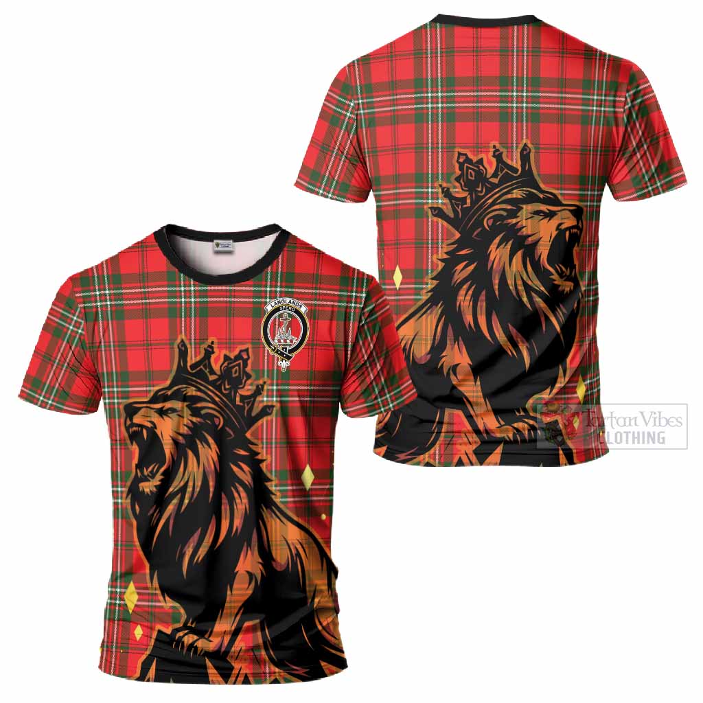 Langlands Tartan Family Crest T-Shirt Crowned Lion Roaring