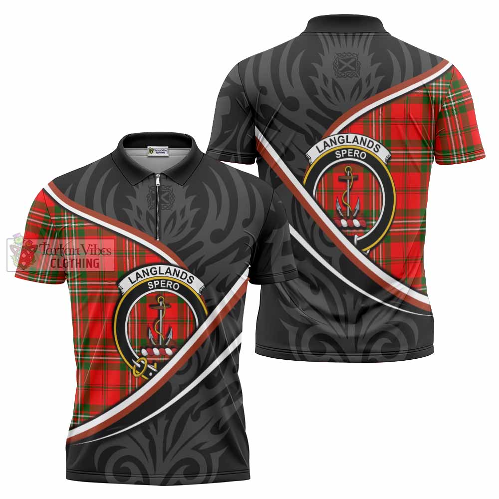 Langlands Tartan Family Crest Zipper Polo Shirt Celtic Scottish Thistle Floral - Tartan Vibes Clothing