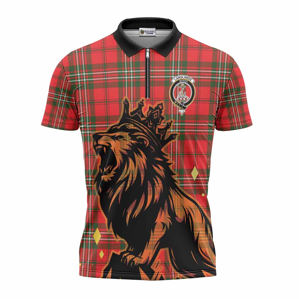 Langlands Tartan Family Crest Zipper Polo Shirt Crowned Lion Roaring