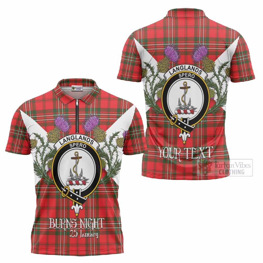 Langlands Tartan Family Crest Zipper Polo Shirt Scottish Burns Night Thistle Floral