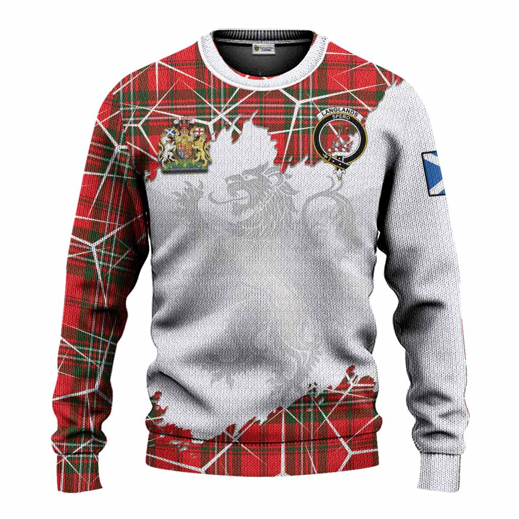 Langlands Tartan Knitted Sweater with Family Crest and Lion Rampant Grunge Style