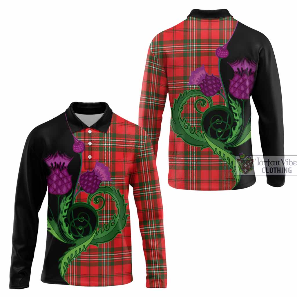 Langlands Tartan Long Sleeve Polo Shirt Traditional Scottish Thistle