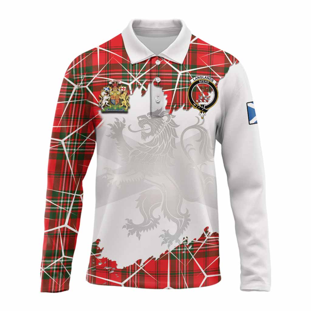 Langlands Tartan Long Sleeve Polo Shirt with Family Crest and Lion Rampant Grunge Style