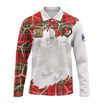 Langlands Tartan Long Sleeve Polo Shirt with Family Crest and Lion Rampant Grunge Style