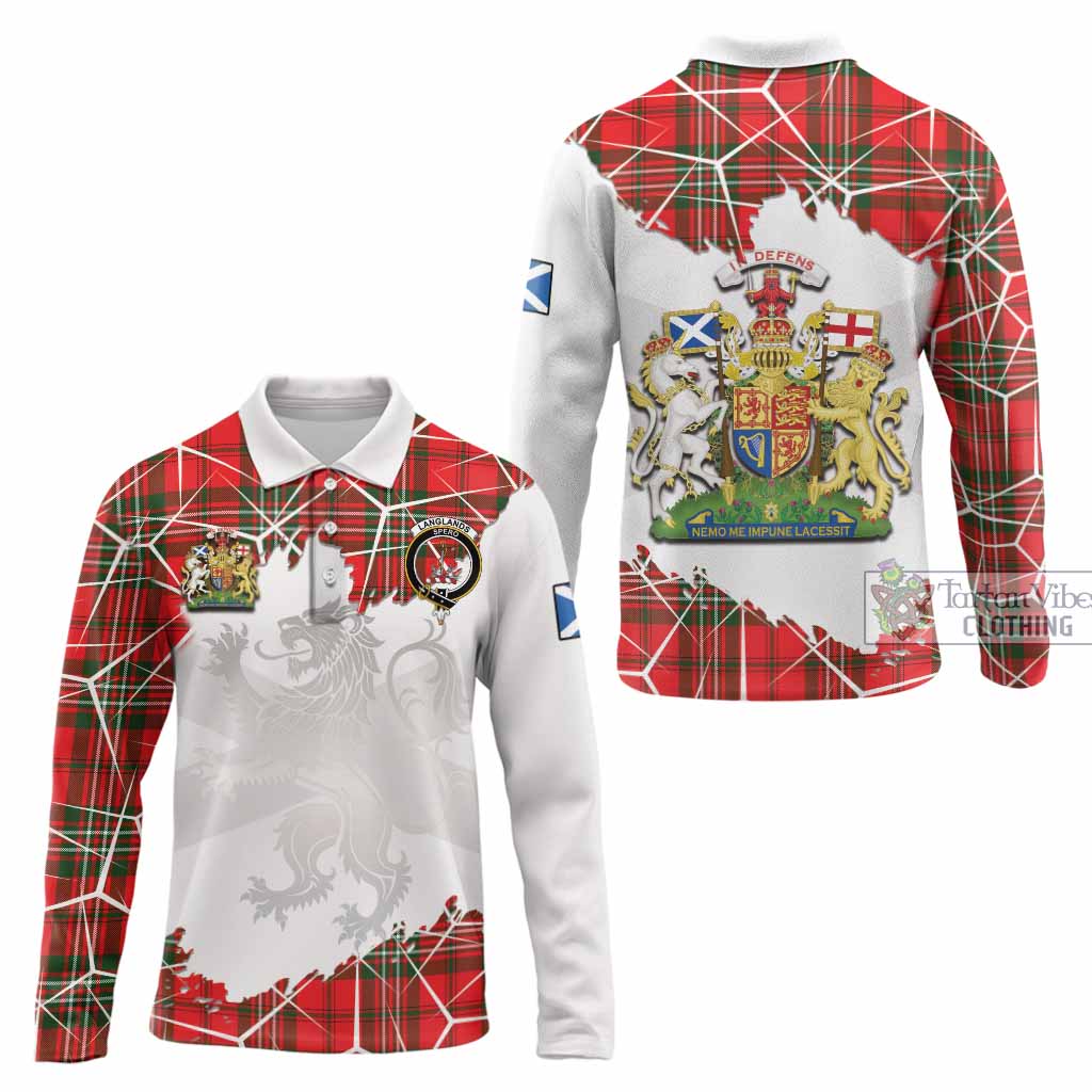 Langlands Tartan Long Sleeve Polo Shirt with Family Crest and Lion Rampant Grunge Style