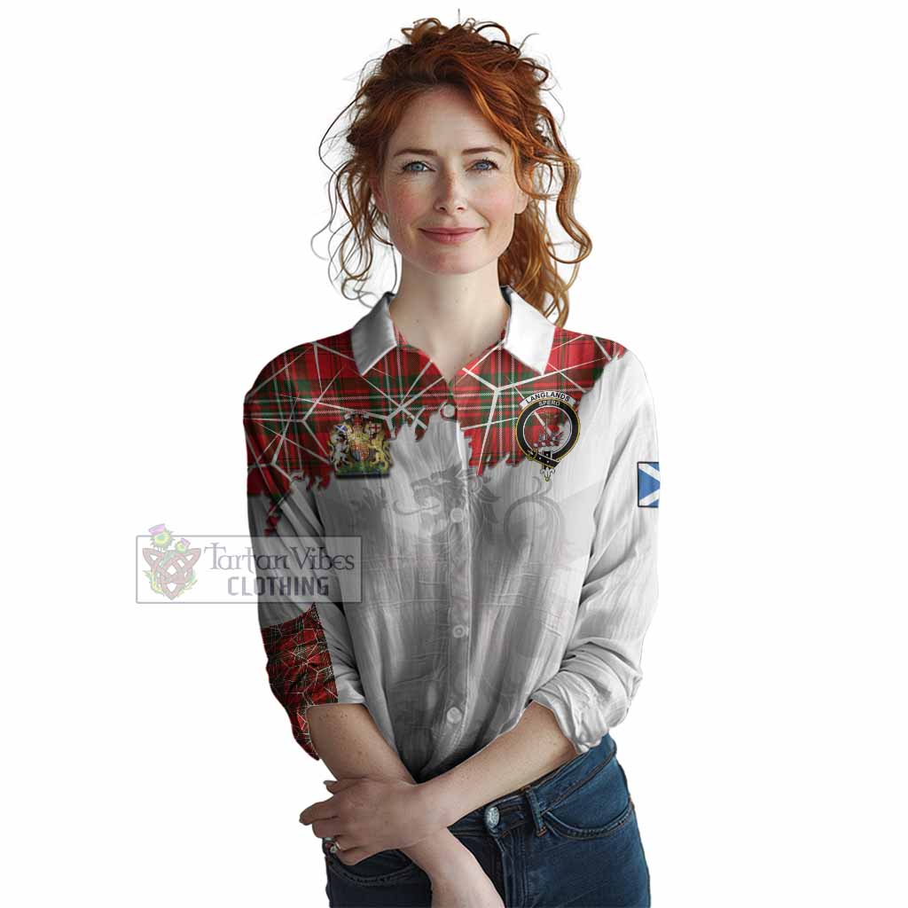 Langlands Tartan Women Casual Shirt with Family Crest and Lion Rampant Grunge Style