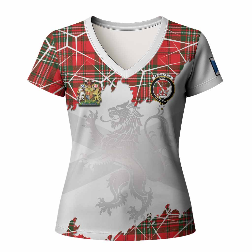 Langlands Tartan Women T shirt with Family Crest and Lion Rampant Grunge Style