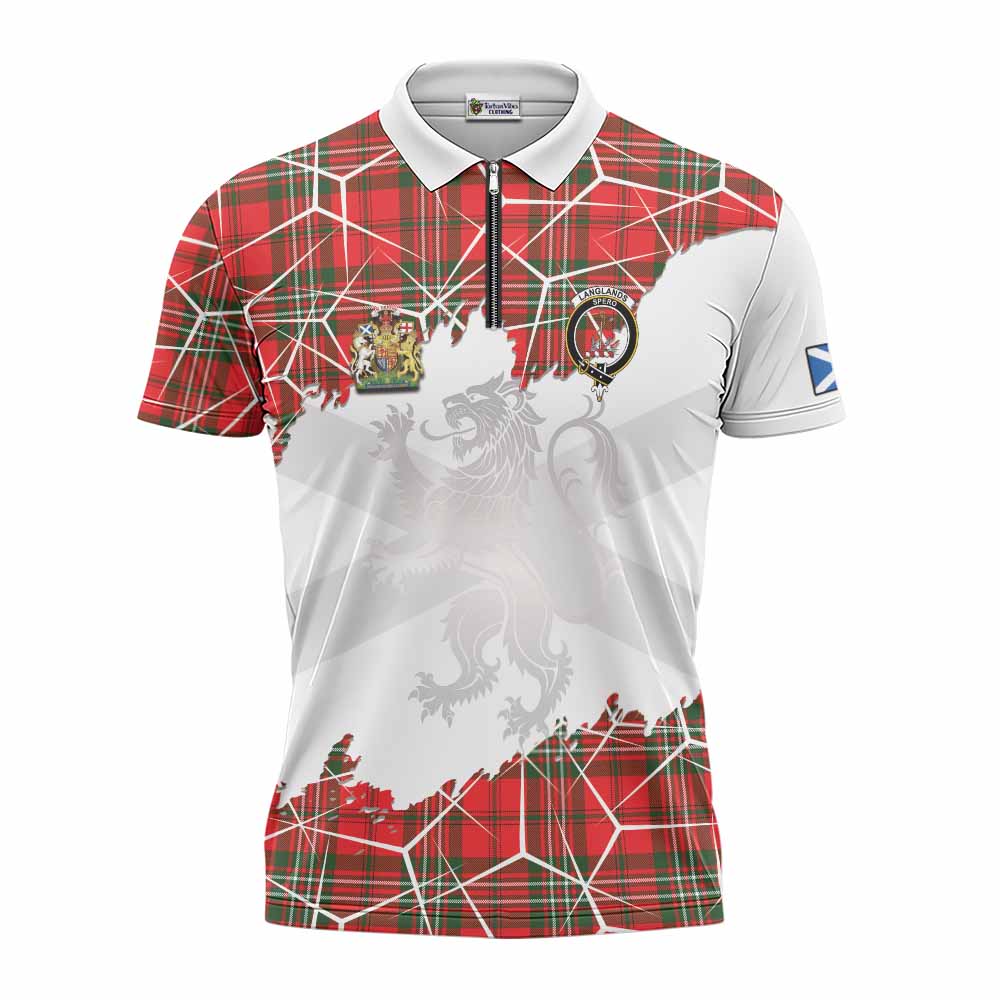 Langlands Tartan Zipper Polo Shirt with Family Crest and Lion Rampant Grunge Style