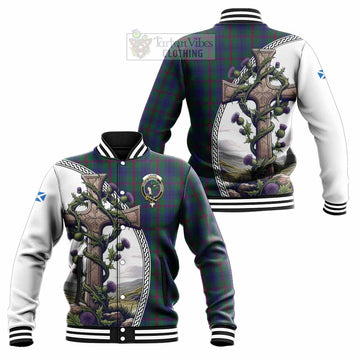 Laurie Tartan Baseball Jacket with Family Crest and St. Andrew's Cross Accented by Thistle Vines Unisex - Tartan Vibes Clothing