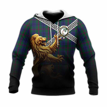 Tartan Vibes Clothing Laurie Crest Tartan Knitted Hoodie with Golden Lion Emblem Celtic Style