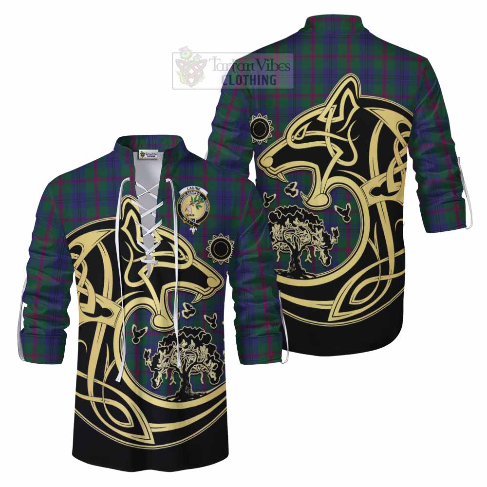 Laurie Tartan Ghillie Kilt Shirt with Family Crest Celtic Wolf Style Men - Tartan Vibes Clothing