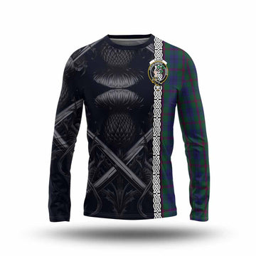 Laurie Tartan Long Sleeve T-Shirt with Family Crest Cross Sword Thistle Celtic Vibes Unisex - Tartan Vibes Clothing