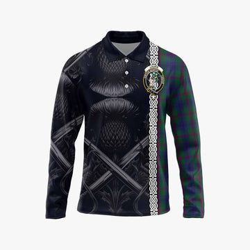 Laurie Tartan Long Sleeve Polo Shirt with Family Crest Cross Sword Thistle Celtic Vibes Unisex - Tartan Vibes Clothing