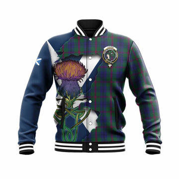 Tartan Vibes Clothing Laurie Tartan Family Crest Baseball Jacket Scottish Thistle Celtic Inspired