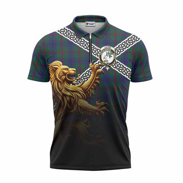 Laurie Crest Tartan Zipper Polo Shirt with Golden Lion Emblem Celtic Style Unisex - Tartan Vibes Clothing