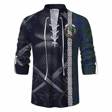 Laurie Tartan Ghillie Kilt Shirt with Family Crest Cross Sword Thistle Celtic Vibes Men - Tartan Vibes Clothing