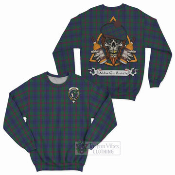 Laurie Tartan Sweatshirt with Family Crest and Bearded Skull Holding Bottles of Whiskey Unisex - Tartan Vibes Clothing