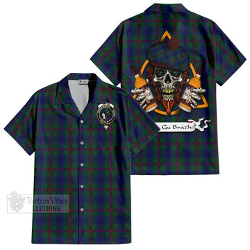 Laurie Tartan Hawaiian Shirt with Family Crest and Bearded Skull Holding Bottles of Whiskey Kid - Tartan Vibes Clothing