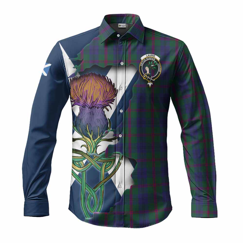 Laurie Tartan Family Crest Long Sleeve Button Shirt Scottish Thistle Celtic Inspired Men's Shirt S - Tartan Vibes Clothing