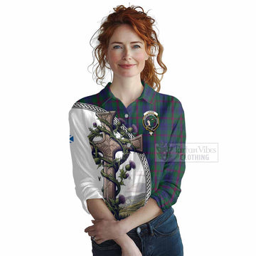 Laurie Tartan Women's Casual Shirt with Family Crest and St. Andrew's Cross Accented by Thistle Vines Female - Tartan Vibes Clothing