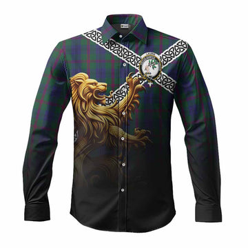 Laurie Crest Tartan Long Sleeve Button Shirt with Golden Lion Emblem Celtic Style Men's Shirt S - Tartan Vibes Clothing