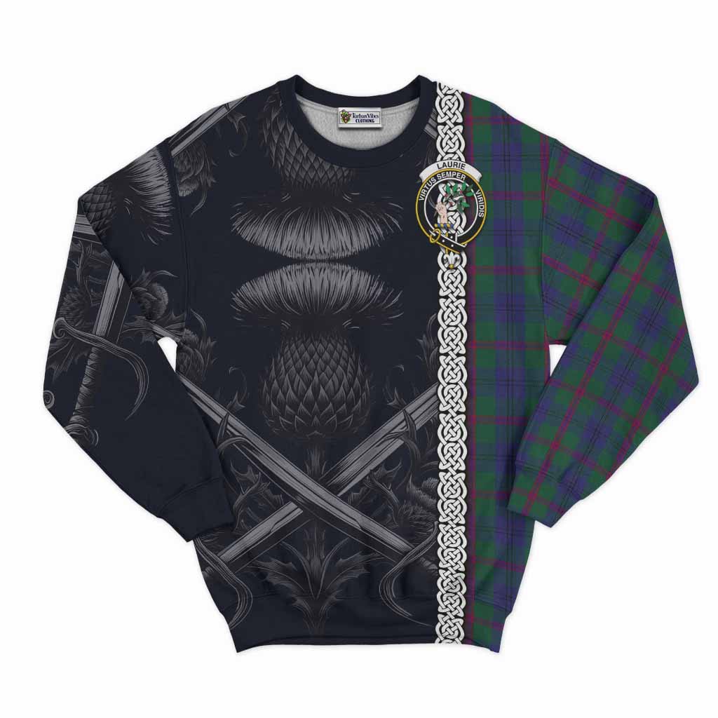 Laurie Tartan Sweatshirt with Family Crest Cross Sword Thistle Celtic Vibes Unisex - Tartan Vibes Clothing