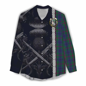Laurie Tartan Women's Casual Shirt with Family Crest Cross Sword Thistle Celtic Vibes Female - Tartan Vibes Clothing