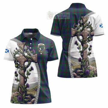 Laurie Tartan Women's Polo Shirt with Family Crest and St. Andrew's Cross Accented by Thistle Vines Women - Tartan Vibes Clothing
