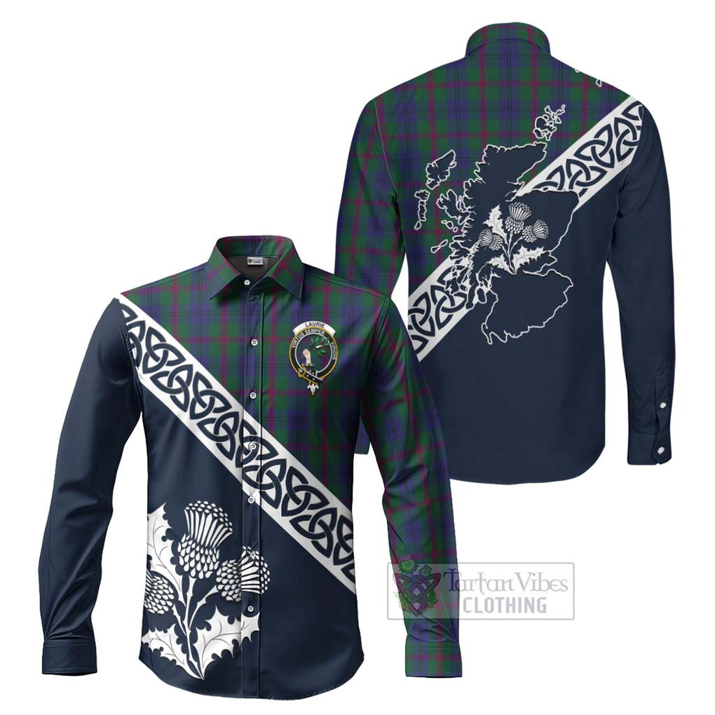 Laurie Tartan Long Sleeve Button Shirt Featuring Thistle and Scotland Map Men's Shirt S - Tartan Vibes Clothing