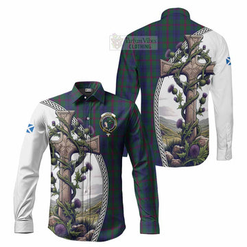 Laurie Tartan Long Sleeve Button Shirt with Family Crest and St. Andrew's Cross Accented by Thistle Vines Men's Shirt S - Tartan Vibes Clothing