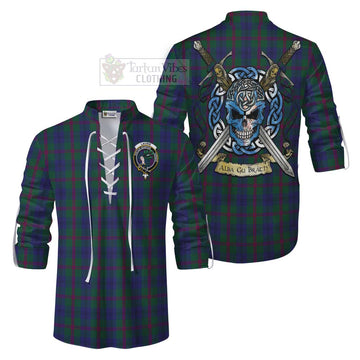 Laurie Tartan Ghillie Kilt Shirt with Family Crest Celtic Skull Style Men - Tartan Vibes Clothing