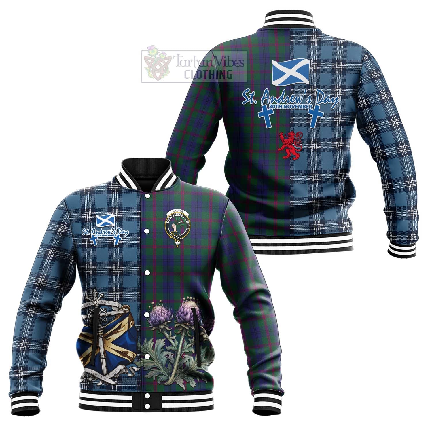 Laurie Tartan Baseball Jacket Happy St. Andrew's Day Half Tartan Style Unisex - Tartan Vibes Clothing