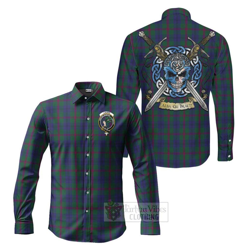 Laurie Tartan Long Sleeve Button Shirt with Family Crest Celtic Skull Style Men's Shirt S - Tartan Vibes Clothing