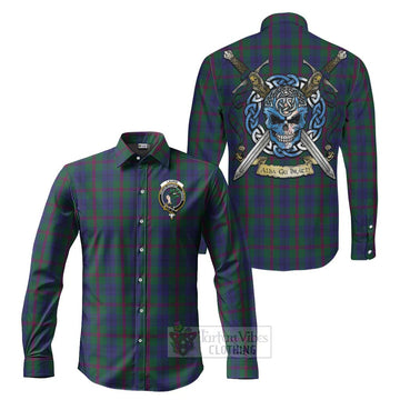 Laurie Tartan Long Sleeve Button Shirt with Family Crest Celtic Skull Style Men's Shirt S - Tartan Vibes Clothing