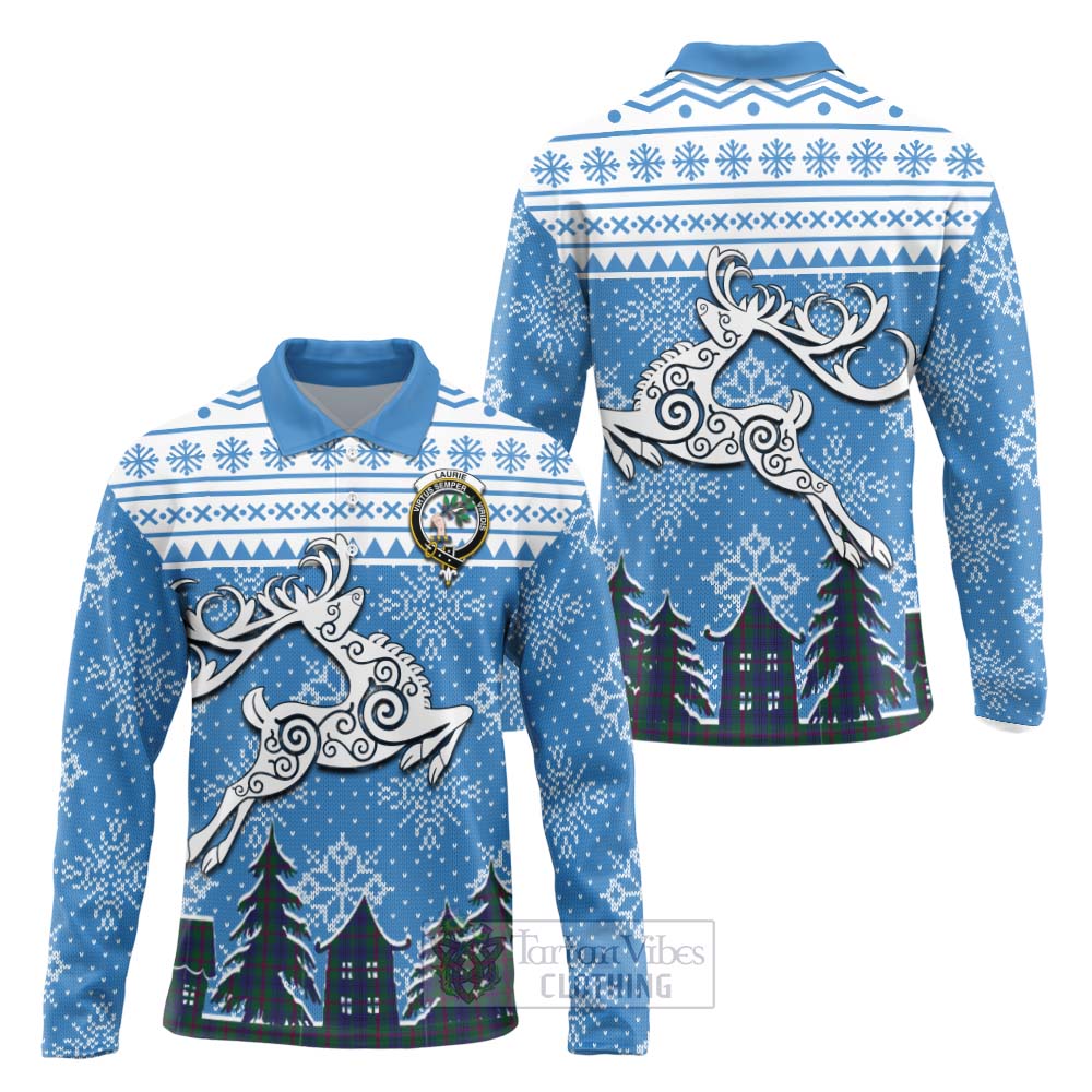 Tartan Vibes Clothing Laurie Clan Christmas Long Sleeve Polo Shirt Celtic Reindeer Style