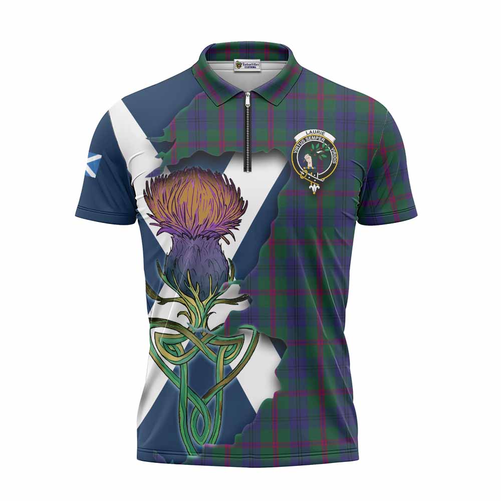 Laurie Tartan Family Crest Zipper Polo Shirt Scottish Thistle Celtic Inspired Unisex - Tartan Vibes Clothing