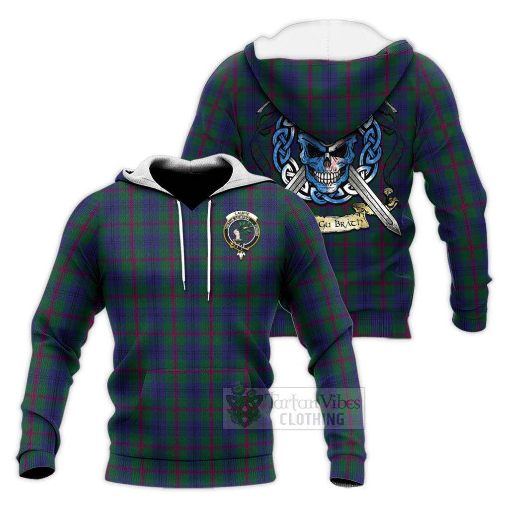 Laurie Tartan Knitted Hoodie with Family Crest Celtic Skull Style Unisex Knitted Pullover Hoodie - Tartan Vibes Clothing