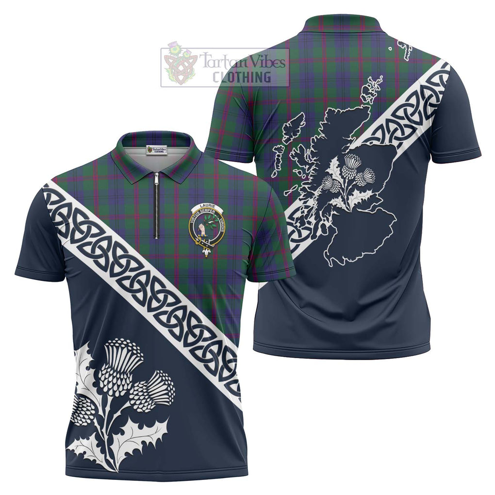 Laurie Tartan Zipper Polo Shirt Featuring Thistle and Scotland Map Unisex - Tartanvibesclothing Store