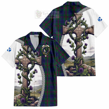 Laurie Tartan Hawaiian Shirt with Family Crest and St. Andrew's Cross Accented by Thistle Vines Kid - Tartan Vibes Clothing