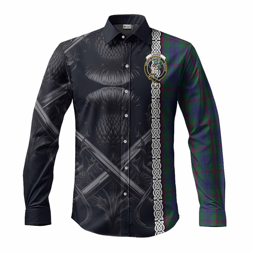 Tartan Vibes Clothing Laurie Tartan Long Sleeve Button Shirt with Family Crest Cross Sword Thistle Celtic Vibes