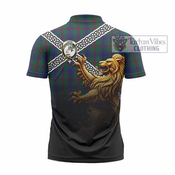 Laurie Crest Tartan Zipper Polo Shirt with Golden Lion Emblem Celtic Style - Tartan Vibes Clothing