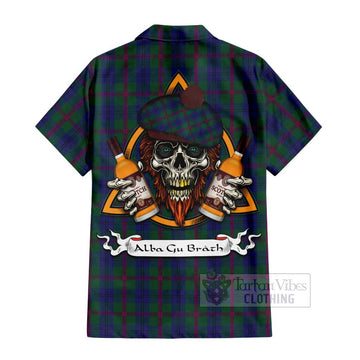 Laurie Tartan Hawaiian Shirt with Family Crest and Bearded Skull Holding Bottles of Whiskey - Tartan Vibes Clothing