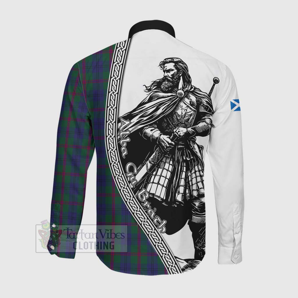 Laurie Tartan Clan Crest Long Sleeve Button Shirt with Highlander Warrior Celtic Style Men's Shirt - Tartan Vibes Clothing