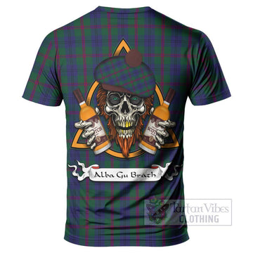 Laurie Tartan T-Shirt with Family Crest and Bearded Skull Holding Bottles of Whiskey - Tartan Vibes Clothing