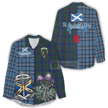 Laurie Tartan Women's Casual Shirt Happy St. Andrew's Day Half Tartan Style - Tartan Vibes Clothing