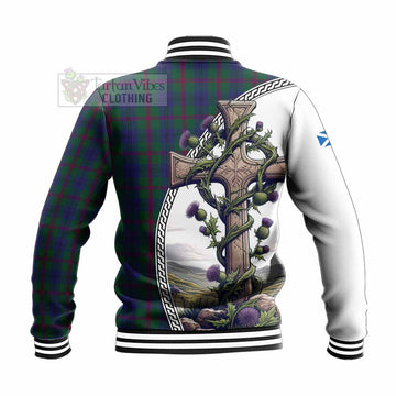 Laurie Tartan Baseball Jacket with Family Crest and St. Andrew's Cross Accented by Thistle Vines - Tartan Vibes Clothing