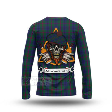 Laurie Tartan Long Sleeve T-Shirt with Family Crest and Bearded Skull Holding Bottles of Whiskey - Tartan Vibes Clothing