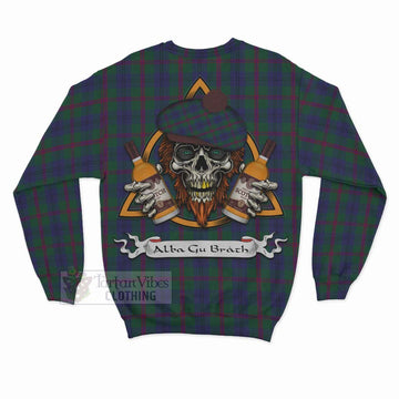 Laurie Tartan Sweatshirt with Family Crest and Bearded Skull Holding Bottles of Whiskey - Tartan Vibes Clothing